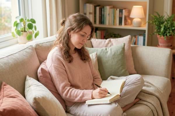 Une personne écrivant paisiblement dans un joli carnet sur un canapé confortable,