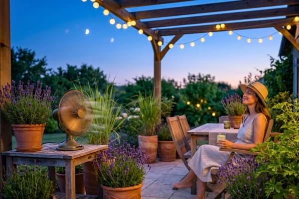 A beautifully arranged outdoor patio at dusk