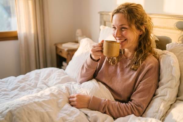 'une femme de 40 ans souriante et rayonnante, buvant un café dans un lit aux draps blancs