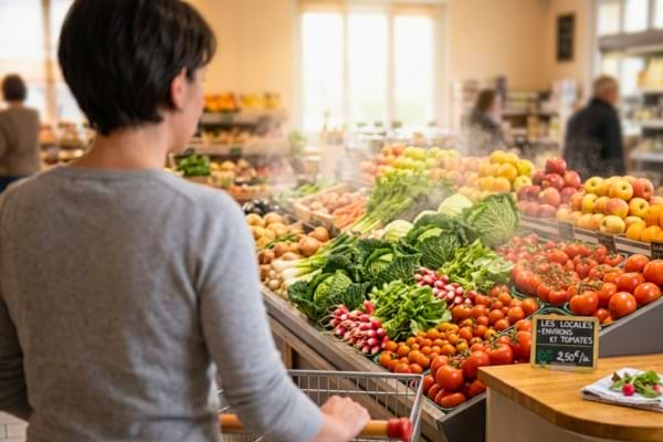 un étalage de fruits et légumes magnifiquement présentés sous une brume légère.