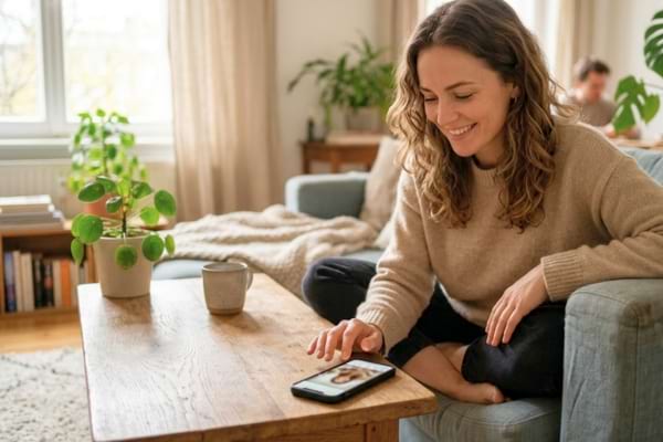 une personne souriante et détendue assise dans un salon lumineux, regardant son smartphone posé