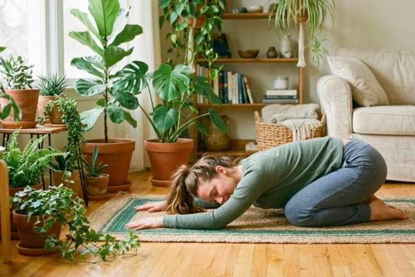 Une personne pratiquant des étirements doux ou du yoga sur un tapis