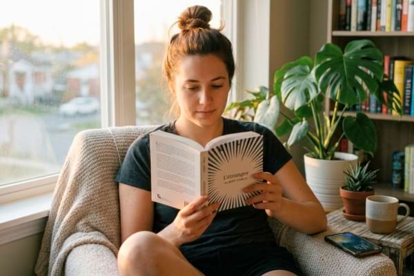 une personne lisant un livre avec un smartphone à coté