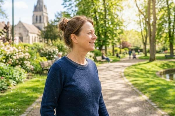 une personne marchant sereinement dans un parc,
