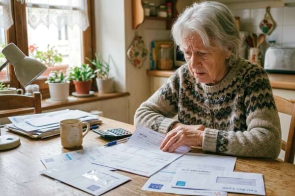 une personne &acirc;g&eacute;e regardant avec inqui&eacute;tude des factures &eacute;tal&eacute;es devant elle,