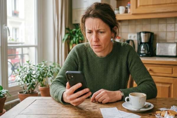 une personne soucieuse assise à la table de sa cuisine, regardant l'écran de son smartphone
