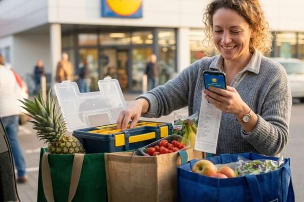 une personne souriante rangeant ses courses dans des sacs r&eacute;utilisables