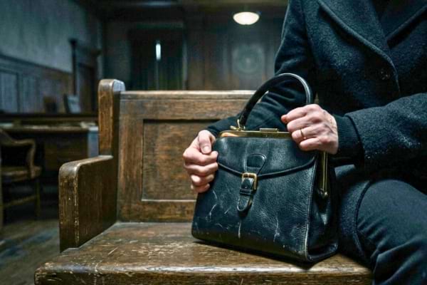 a woman's hands holding a vintage 1980s handbag tightly, sitting on a wooden bench