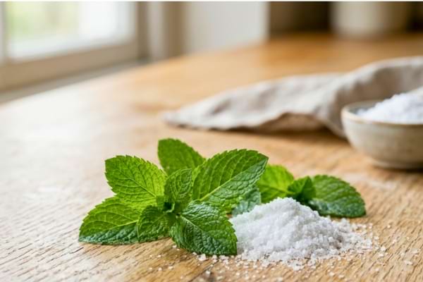 des feuilles de menthe fra&icirc;che et des cristaux de bicarbonate de soude