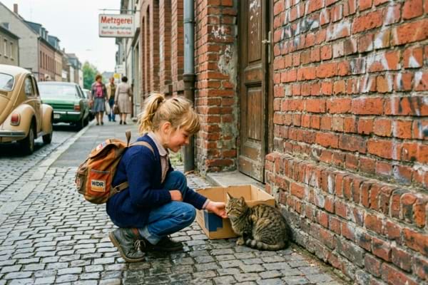 a 7-year-old girl with a small backpack looking at a stray cat