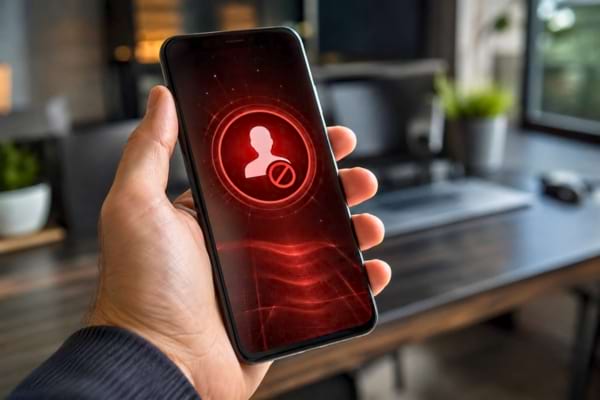 main d'une personne tenant un smartphone. L'écran affiche une alerte rouge de blocage d'appel indésirable