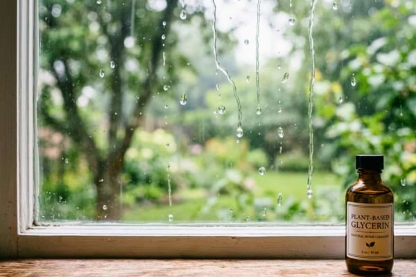 a small elegant bottle of plant-based glycerin sits on the windowsill