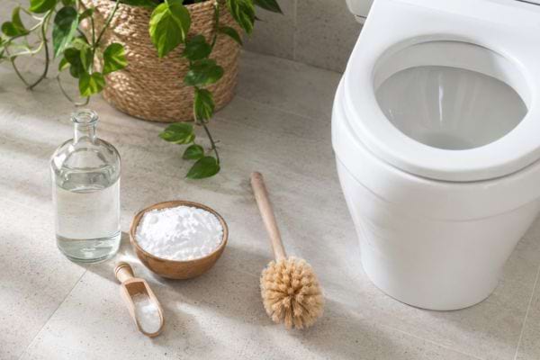 Vinaigre blanc et bicarbonate posés près d’une cuvette propre.