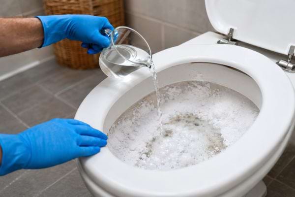 Vinaigre blanc versé dans les toilettes sur du bicarbonate effervescent.