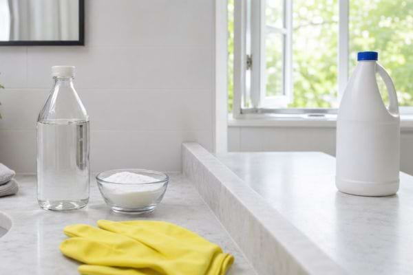 Vinaigre blanc et eau de Javel séparés pour éviter tout mélange dangereux.