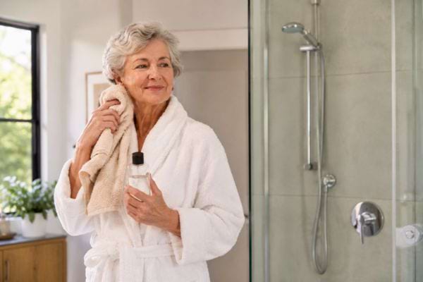 Femme senior en peignoir devant la douche, tenant une serviette apr&egrave;s sa toilette.