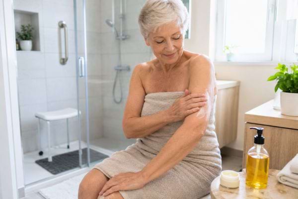 Femme senior hydratant son bras apr&egrave;s la douche pour soulager la s&eacute;cheresse cutan&eacute;e.