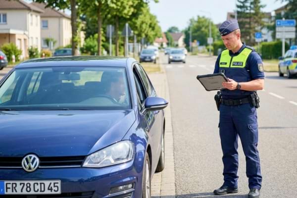 un policier européen en uniforme, se tenant à côté d'un véhicule arrêté