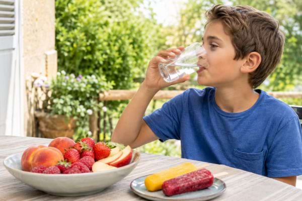 Enfant buvant un verre d’eau devant une table avec des fruits frais et des glaces.