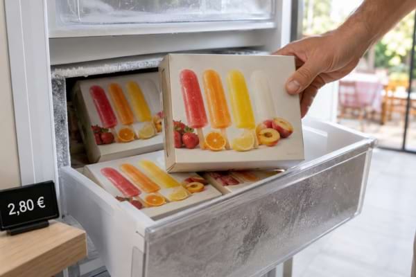 Boîtes de bâtonnets glacés aux fruits rangées dans un congélateur au prix de 2,80 euros.