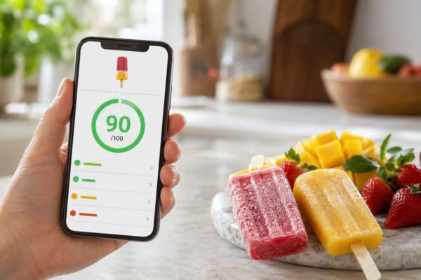 Smartphone affichant une note de 90/100 à côté de glaces aux fruits et de fruits frais.