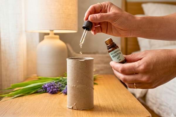 Une personne verse des gouttes d'huiles essentielles sur un rouleau de papier toilette
