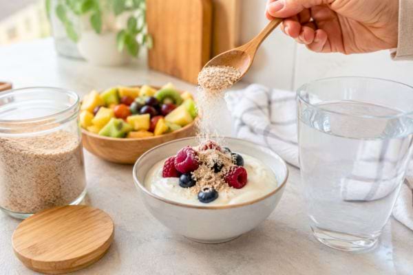 Psyllium ajouté dans un yaourt avec fruits et verre d’eau
