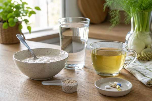 Infusion de fenouil, psyllium et verre d’eau sur une table lumineuse
