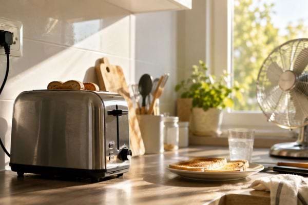 Grille-pain branch&eacute; dans une cuisine ensoleill&eacute;e pendant une journ&eacute;e chaude d&rsquo;&eacute;t&eacute;.