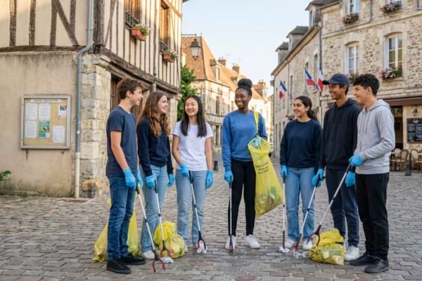 un groupe d'adolescents souriants, se tenant debout dans une rue propre de village