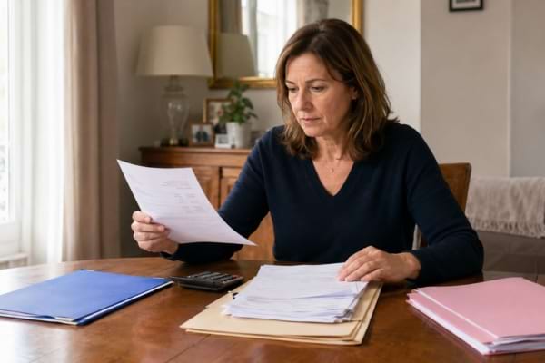 Femme consultant des factures d&rsquo;EHPAD et des dossiers de succession autour d&rsquo;une table.