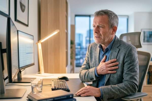 une personne assise à son bureau, la main posée sur sa poitrine près du cœur,