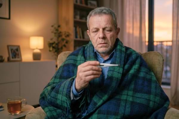 Une personne emmitouflée dans un plaid sur un fauteuil, tenant un thermomètre