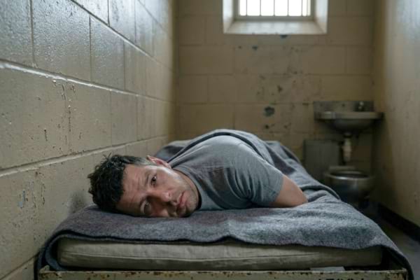 a neatly made prison bed with a thin blanket, dim and moody lighting
