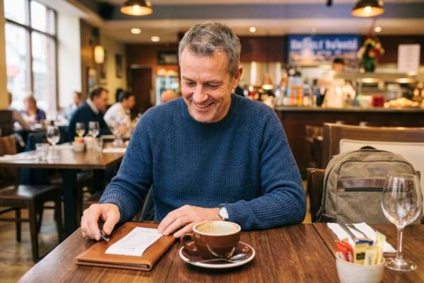 n client souriant dans un restaurant, regardant l'addition avec un air satisfait