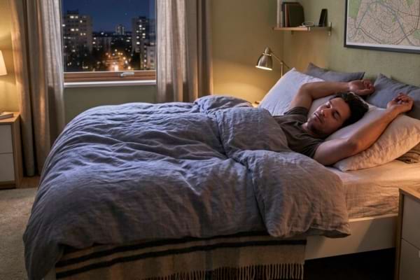 un homme dormant sur le dos, les deux bras levés au-dessus de la tête