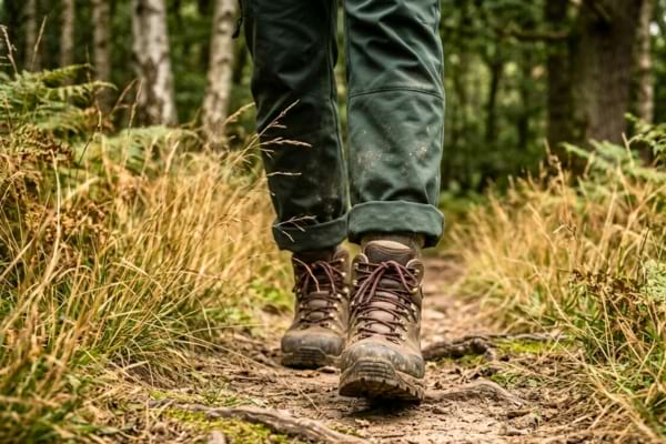 Un plan serr&eacute; sur les jambes d'un marcheur portant des chaussures de randonn&eacute;e montantes