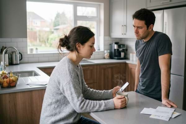 Un couple dans une cuisine moderne, l'air fatigué et distant.