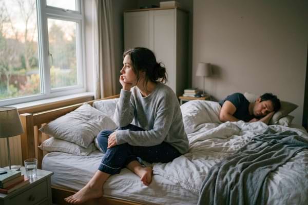 Une femme pensive assise sur le bord d'un lit, regardant par la fenêtre