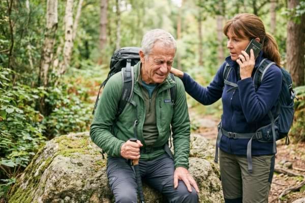 Un randonneur assis calmement sur un rocher en pleine for&ecirc;t, rassur&eacute; par une personne
