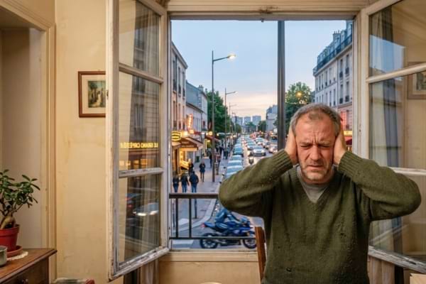 un homme aux traits fatigués, assis dans son appartement parisien. Il se bouche les oreilles