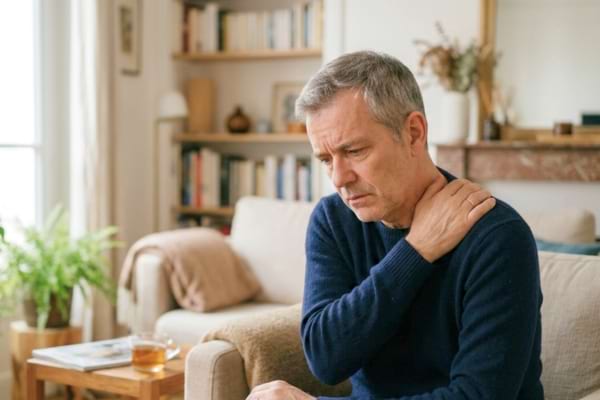 Un adulte la cinquantaine, l'air soucieux, se touchant doucement l'épaule