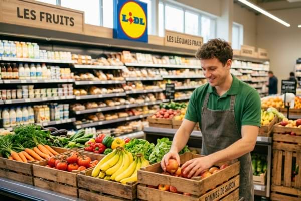 un employ&eacute; souriant en uniforme triant des fruits frais pour les placer dans des cagettes
