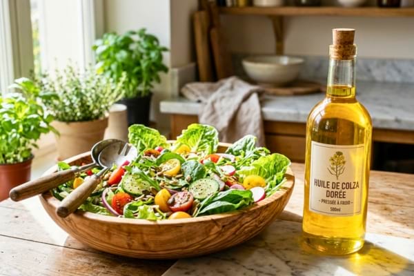 bouteille en verre transparent remplie d'huile de colza dorée