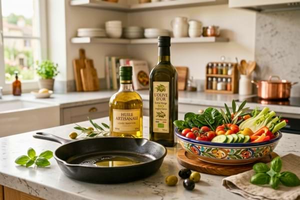 une cuisine moderne montrant deux bouteilles d'huile d'olive distinctes