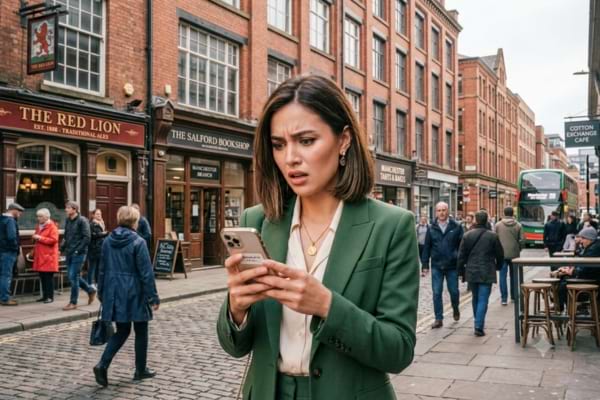 une jeune femme au style très soigné, tenant son téléphone avec une expression contrariée
