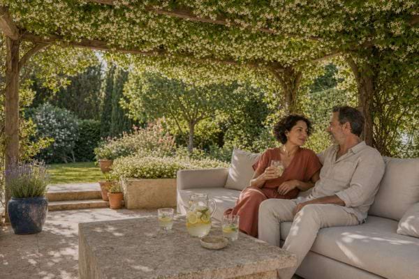 un couple sur leur terrasse ombragée par du jasmin étoilé