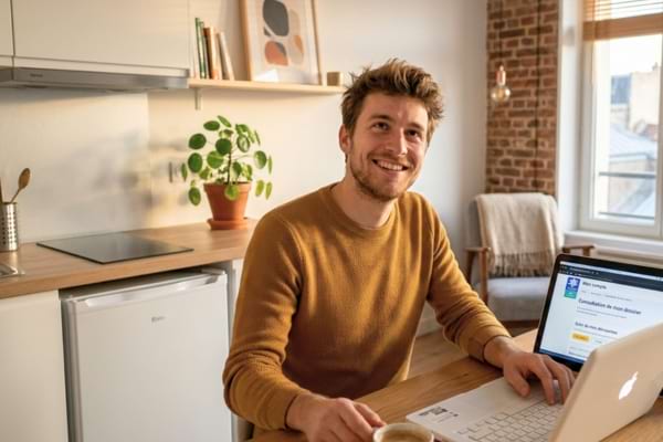 Un jeune homme souriant devant un ordinateur portable dans un petit studio