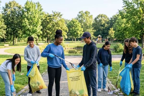 Des jeunes qui ramassent des déchets dans un parc