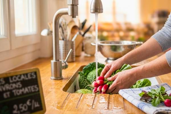 Des mains lavent soigneusement des radis et des feuilles de salade